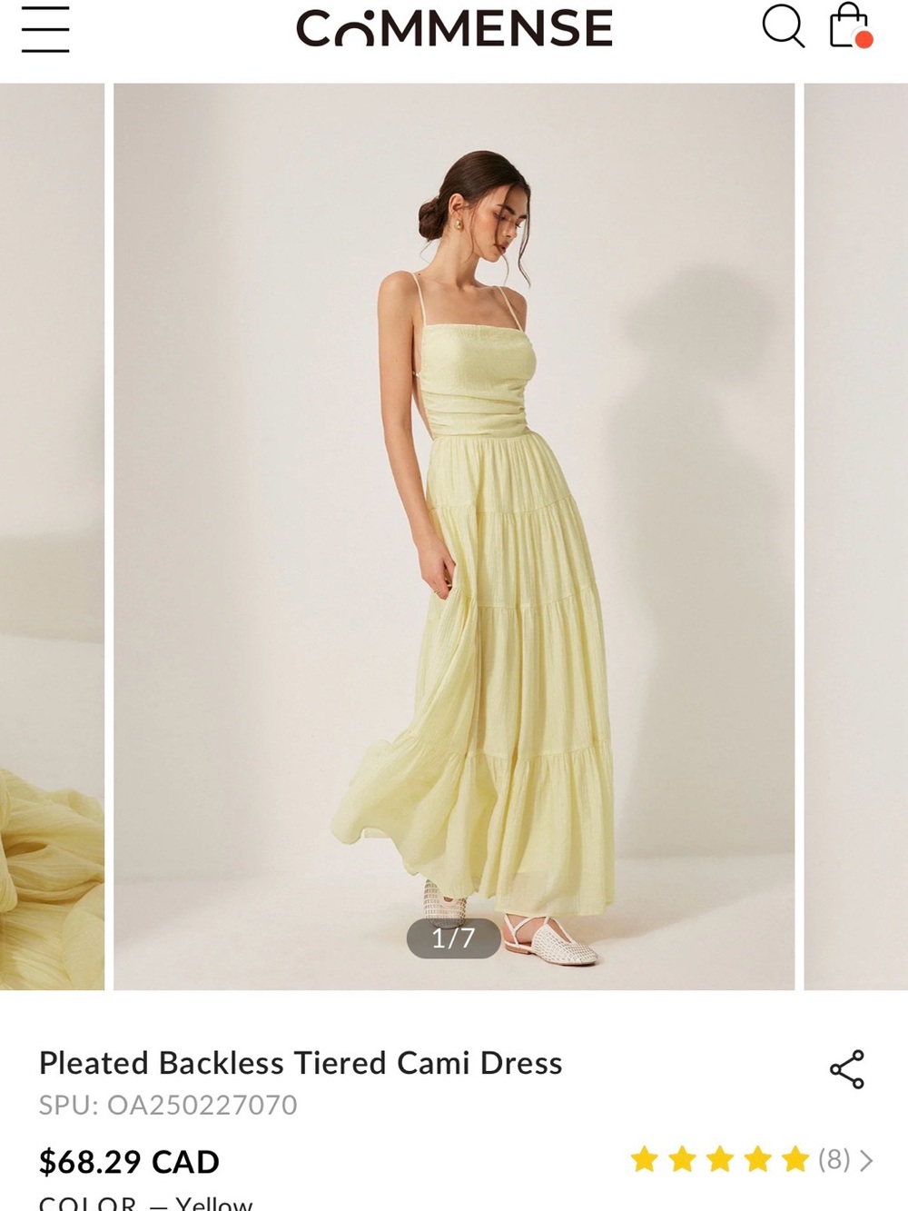 Commense Light Yellow Backless Pleated Tiered Cami Dress